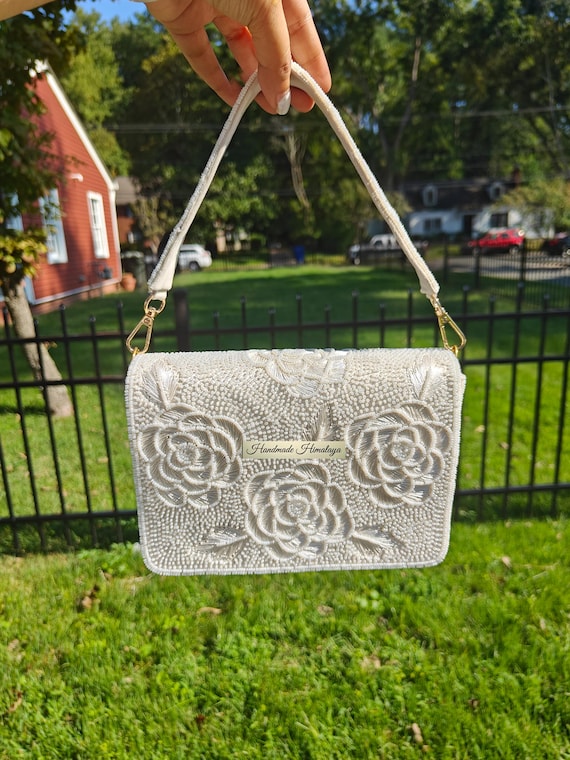 White Beaded Wedding Clutch: Ivory Rose Flower Bridal Purse Handbag