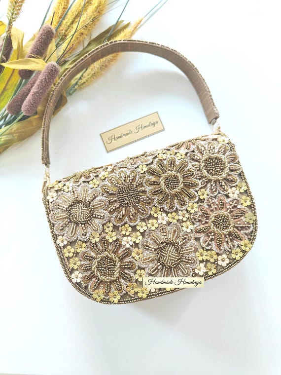Gold Floral Beaded Clutch | Sunflower Embroidered Wedding Bag | Cocktail Party Crossbody Purse