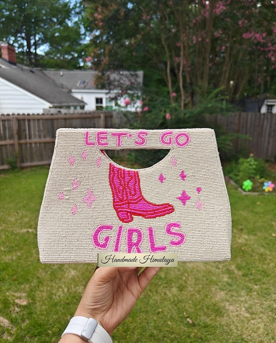 White Beaded Clutch, Crossbody Bag, Western Style Purse, Let's Go Girls Clutch, Gift for Her, Cowgirl Boot Bag, Dolly Bag, Summer Purse