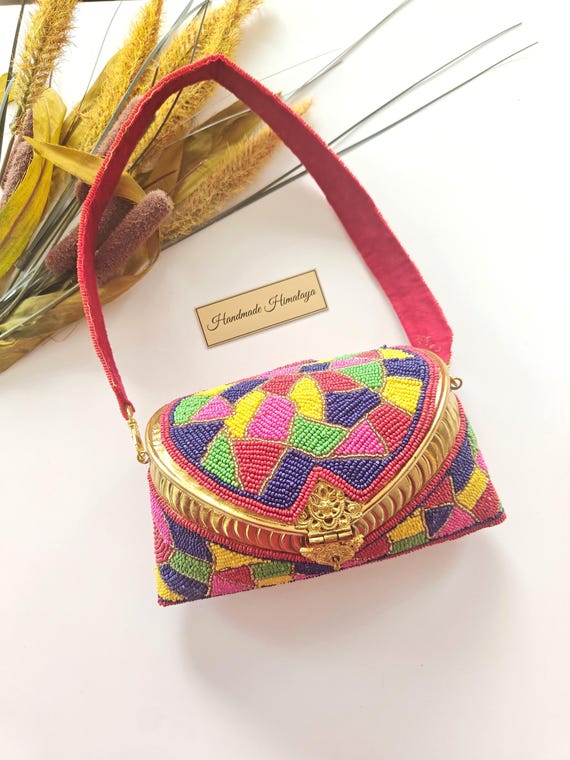 Colorful Beaded Purse | Vibrant Geometric Ethnic Brass Metal Box Bag | Festive Party Handbag