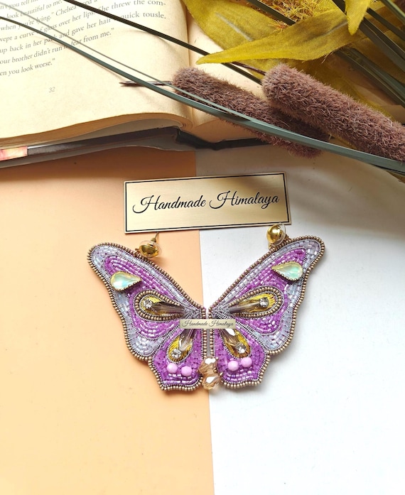 Purple Butterfly Beaded Earrings | Handmade Boho Statement Spring Jewelry | Iridescent Crystal Wing Drop Earrings for Festivals & Weddings