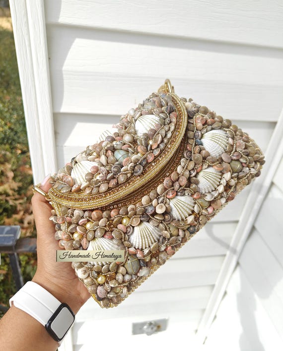 Shell Embellished Wedding Bridal Beach Coastal Party Evening Bag Gold Purse