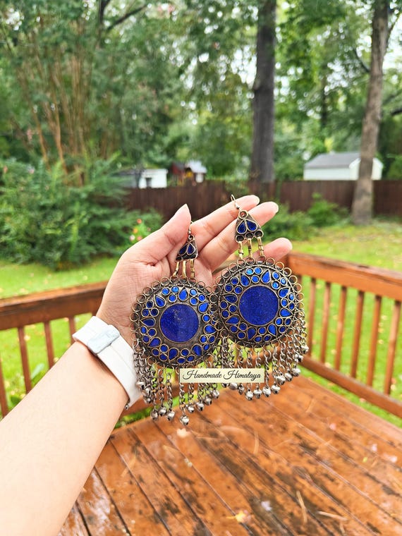 Vintage Blue Afghan Earrings Oversized Glass Kuchi Jewelry