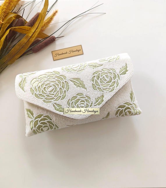 Pastel Green Floral Bridal Clutch | White Light Olive Wedding Beaded Purse