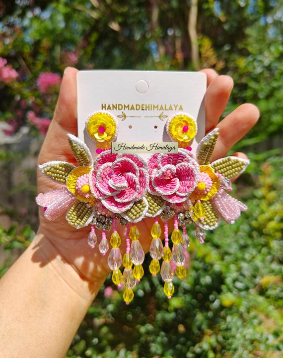 Pink Rose Earrings, Flower Earrings, Pink Beaded Earrings, Bouquet Flower Dangle Earrings, Spring Earrings, Long Floral Beaded Earrings