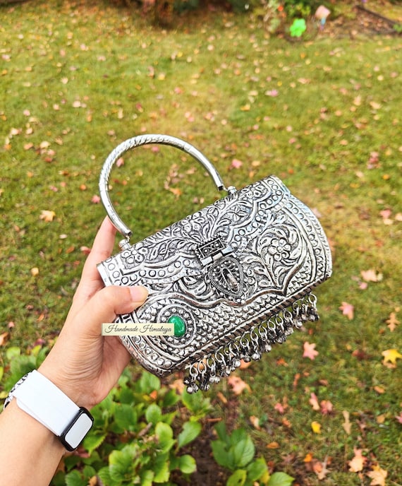 Silver Brass Clutch, Indian Wedding Metal Handbag with Handle and Engraved Design