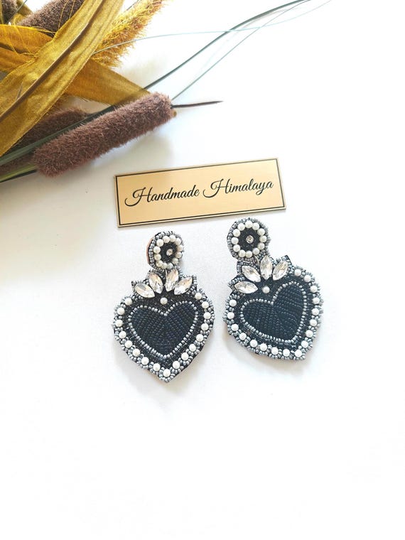 Black Heart Beaded Earrings | Pearl Crystal Gothic Bridal Statement Jewelry