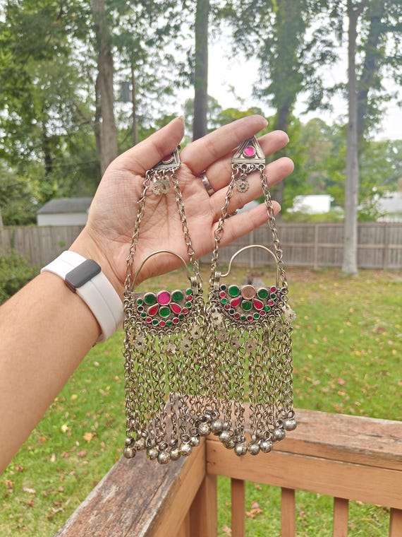Vintage Afghan Earrings, Kuchi Dangle Jewelry, Boho Tribal Oversized Earrings