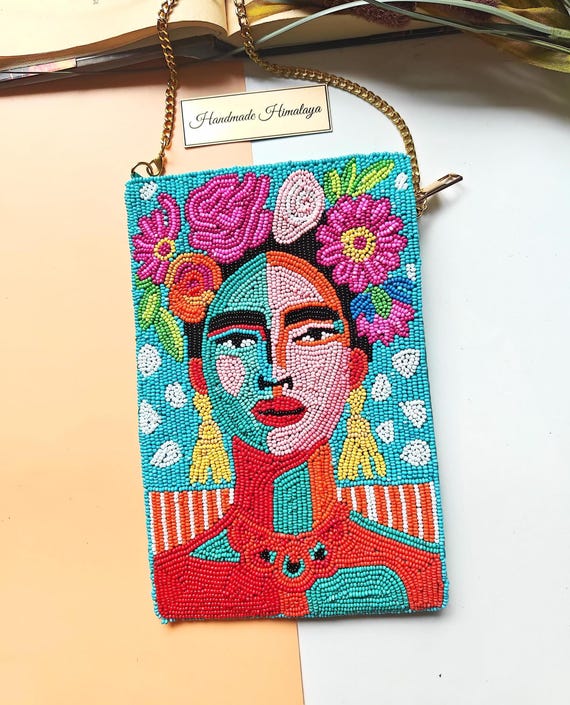 Beaded Phone Bag, Beaded Purse, Freida Kahlo Clutch, Crossbody Bag, Mobile Purse, Summer Beaded Clutch, Gift for Her, Colorful Beaded Bag