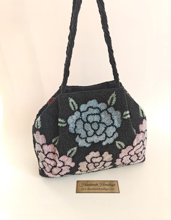 Black Beaded Bag, Pastel Flower Beaded Purse, Top Handle Bag, Summer Bag, Gift for Mom, Bridal Wristlet, Black Evening Bag