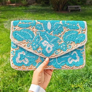 Clutch de cuentas azules, bolso cruzado, bolso de noche para fiesta, regalo para ella, bolso para boda en la playa, bolso de graduación, clutch de verano, bolso azul beige