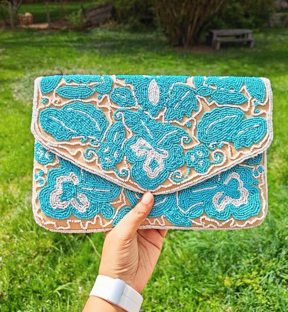 Blue Beaded Clutch, Crossbody Envelope Design, Party Evening Bag, Gift for Her, Sea Beach Wedding Floral Purses, Prom Music Festivals
