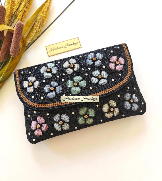 Black Floral Beaded Evening Clutch, Handmade Wedding Guest Bag