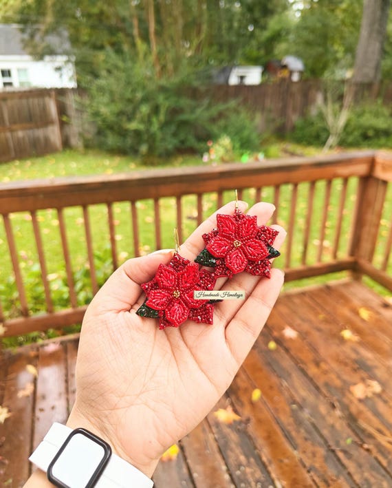 Poinsettia Seed Bead Earrings: Handmade Red Christmas Flower Dangles