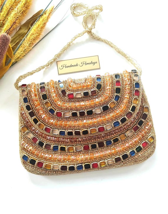 Gold Beaded Clutch | Emerald Ruby Sapphire Jewel Evening Bag | Rainbow Crystal Wedding Party Purse