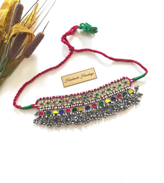 Vintage Afghan Mirror Choker | Kuchi Tribal Colorful Glass Necklace