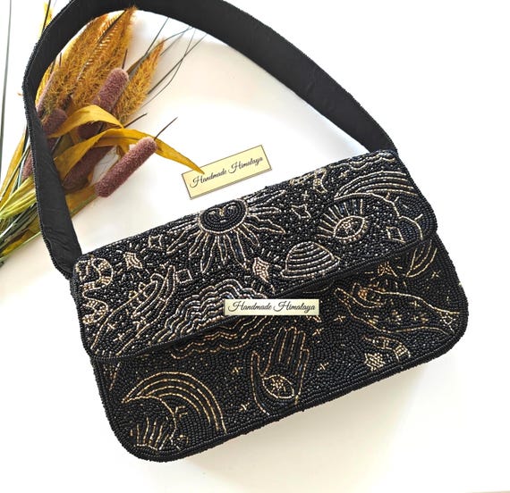 Black Beaded Cosmic Sun Eye Shoulder Bag | Mystical Astrology Handcrafted Purse