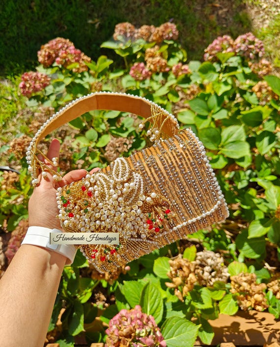 Gold Beaded Floral Clutch: Indian Wedding Purse with Pearl Handle