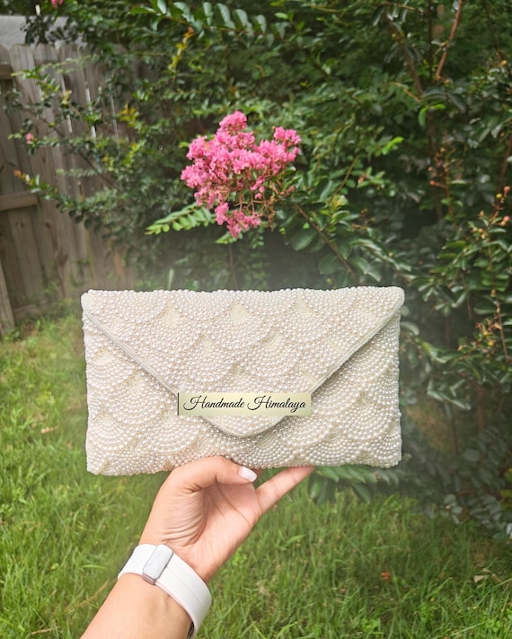 Beaded Pearl Clutch, Beaded Purse, Crossbody Bag, Bridal Wedding Bag, Bridesmaid Gift, Wedding Day Clutch, Party Evening Bag