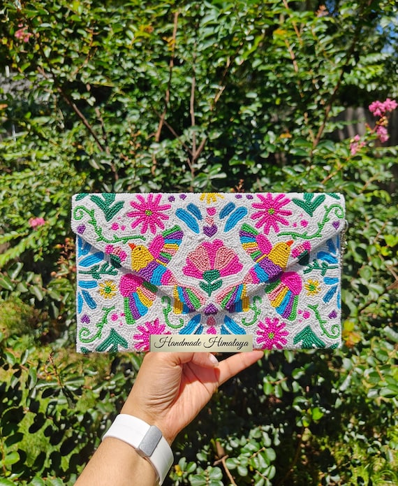 Otomi Beaded Clutch, Beaded Crossbody Bag, Bird Beaded Purse, Party Evening Clutch, Folk Mexican Clutch, Colorful Wedding Purse