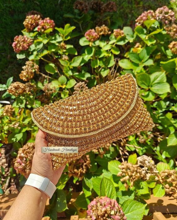 Handmade Gold Beaded Evening Clutch: Bridal Purse with Detachable Strap