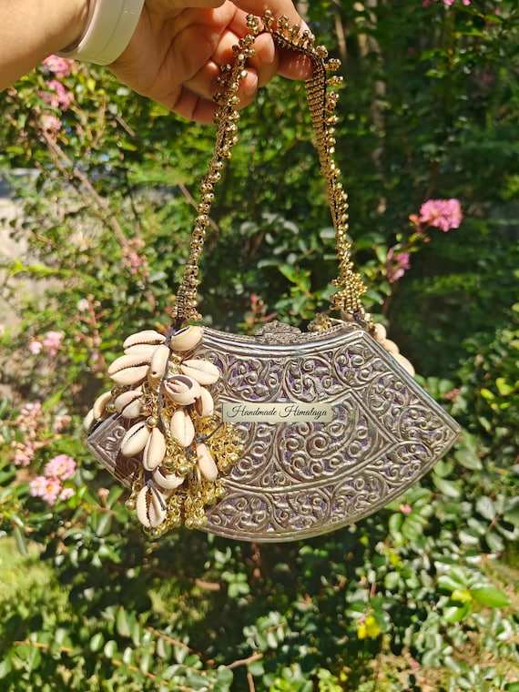 Silver Brass Bag, Indian Boho Banjara Purse, Silver Metal Clutch, Gift for Her, Antique Clutch, Vintage Bag, Cowrie Shell Purse, Festive Bag