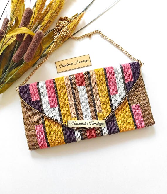 Colorful Beaded Clutch Bag, Geometric Stripe Evening Purse
