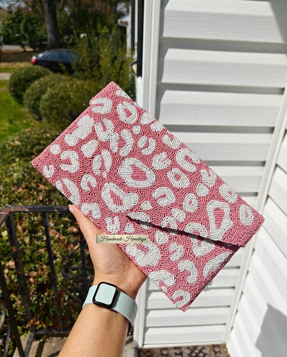 Pink Leopard Beaded Clutch, Bridal Wedding Purse, Something Pink Bride Bag, Handmade Seed Bead Evening Clutch