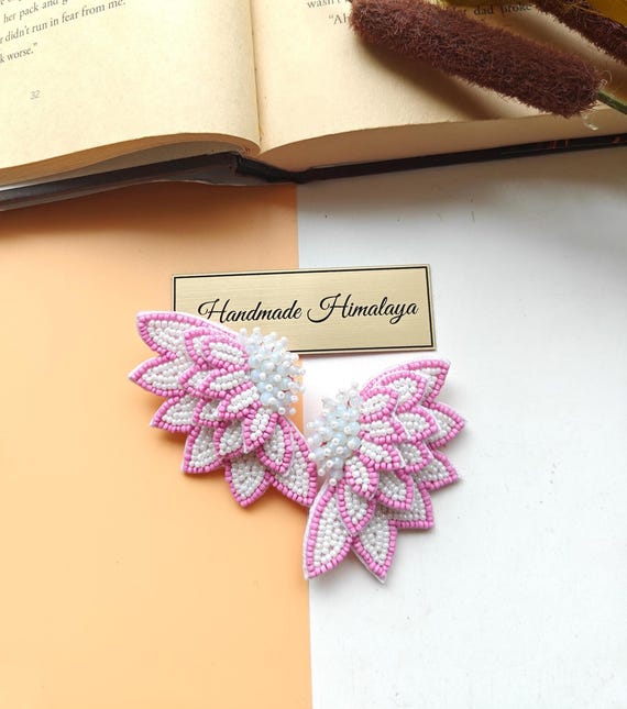 Angel Wing Earrings, 3D Floral Earrings, Beaded Earrings, Pink White Earrings, Fairy Wing Earrings, Summer Earrings, Oversized Stud Earrings