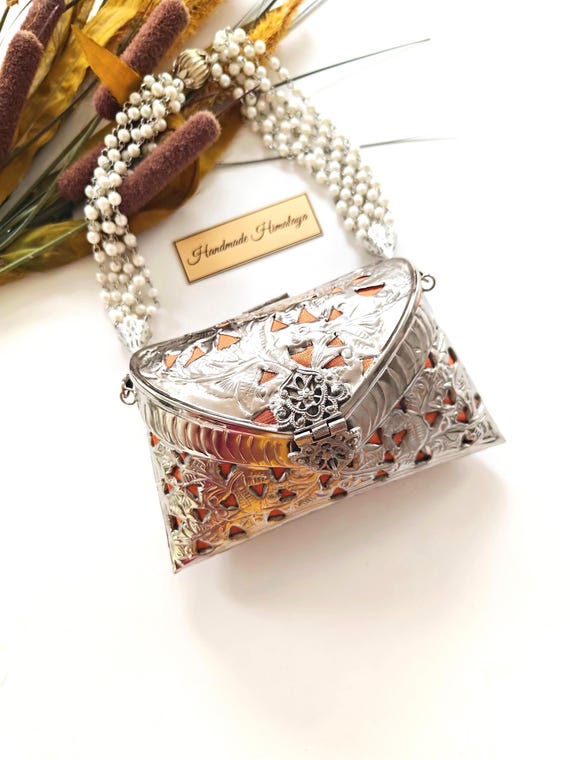 Embossed Brass Clutch | Mini Silver Metal Indian Purse | Silver Wedding Bag