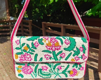 Pink Beaded Shoulder Bag, Floral Beaded Bag, Seed Beaded Handbag, Beaded Clutch Bag, Beaded Bag, Party Evening Clutch, Summer Bag Gift