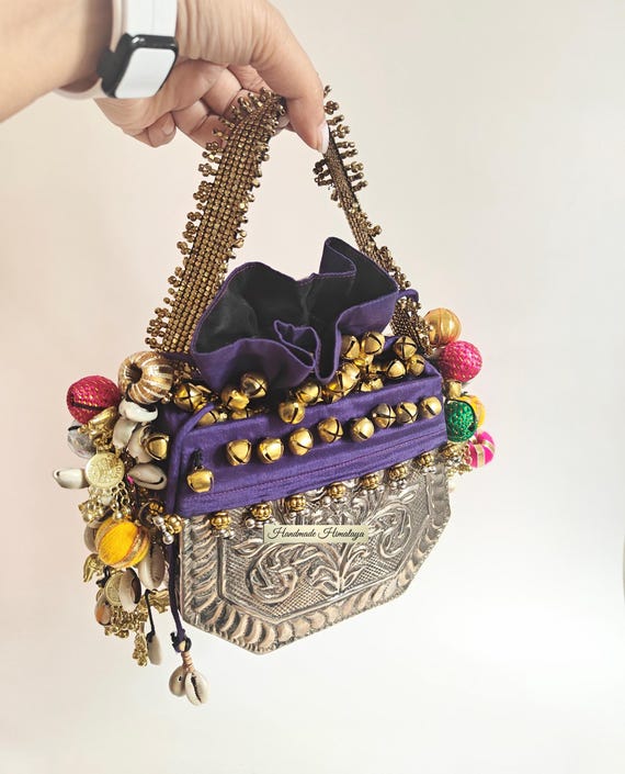 Brass Potli Bag Silver Metal Indian Purse Silver Wedding Bag Banjara Kuchi Drawstring Bells Bag