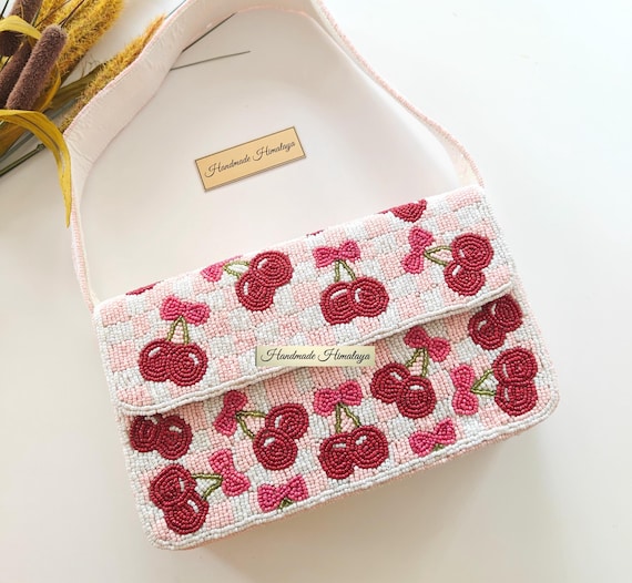 Handmade Cherry Beaded Bag | Blush Pink Gingham Checkered Purse | Summer Wedding Vacation Fruit Clutch