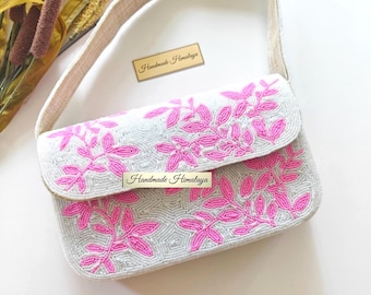 Pink Floral Beaded Bag | White Beaded Bridal Wedding Purse