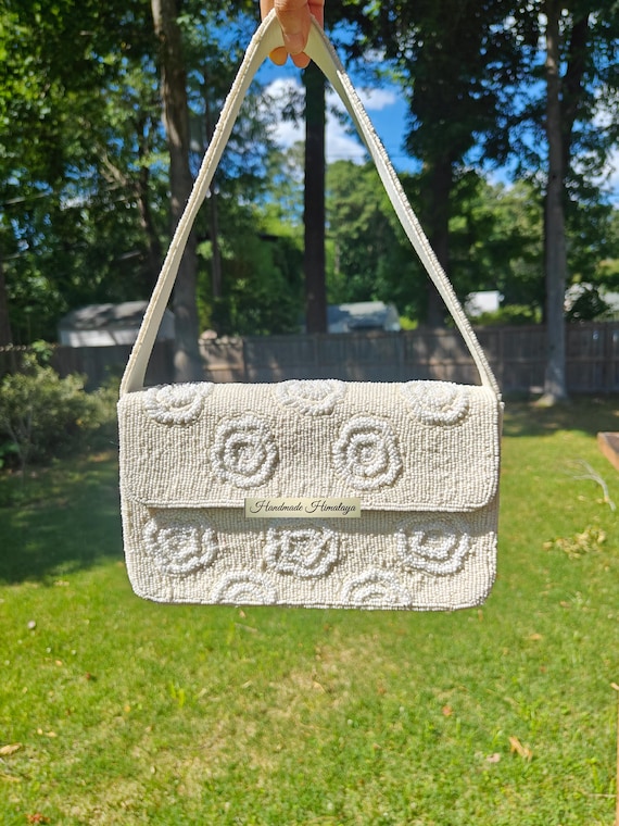 Ivory Rose Beaded Bag | Bridal Wedding Shoulder Purse