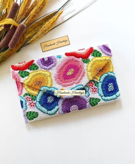 Floral Beaded Clutch Bag, Colorful Embroidered Evening Purse, Wedding Guest Handbag