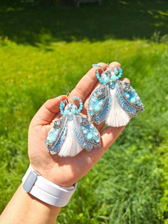 Blue Beaded Moth Earrings | Pastel Beetle Sequin Dangles | Tropical Vacation Gift for Insect Lovers