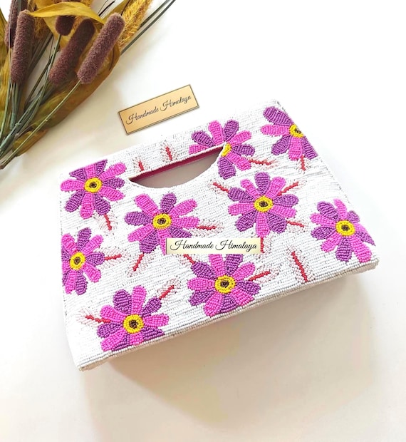 Purple Pink Floral Beaded Bag | Handmade Statement Summer Handbag | Colorful Daisy Purse Vacation Resort Bag