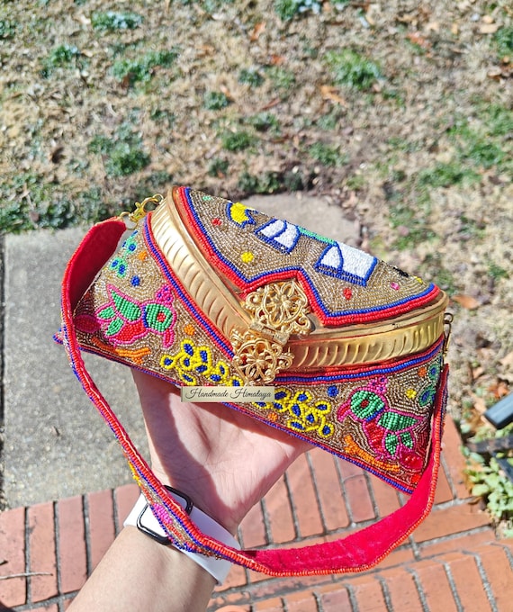 Beaded Brass Purse Indian Wedding Kuchi Clutch Elephant Tribal Box Evening Bag Mithila Art