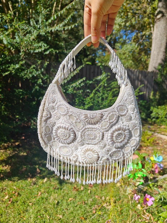 White Bridal Bag, Handheld Baguette Pearl Fringes Hobo Wedding Purse