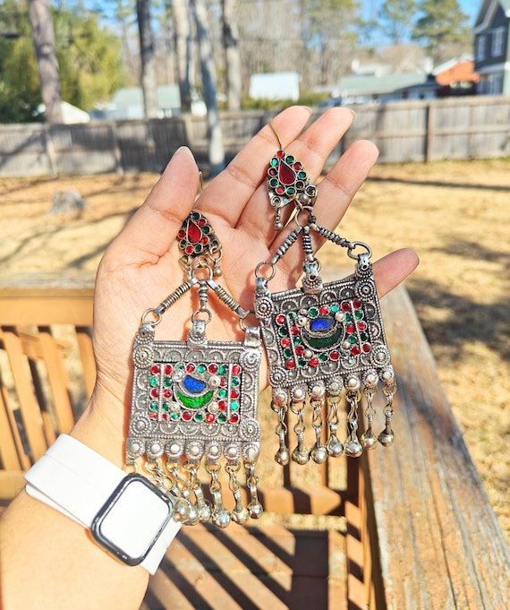 Vintage Afghan Earrings, Kuchi Tribal Earrings, Ethnic Gypsy Belly Dancer Jewelry