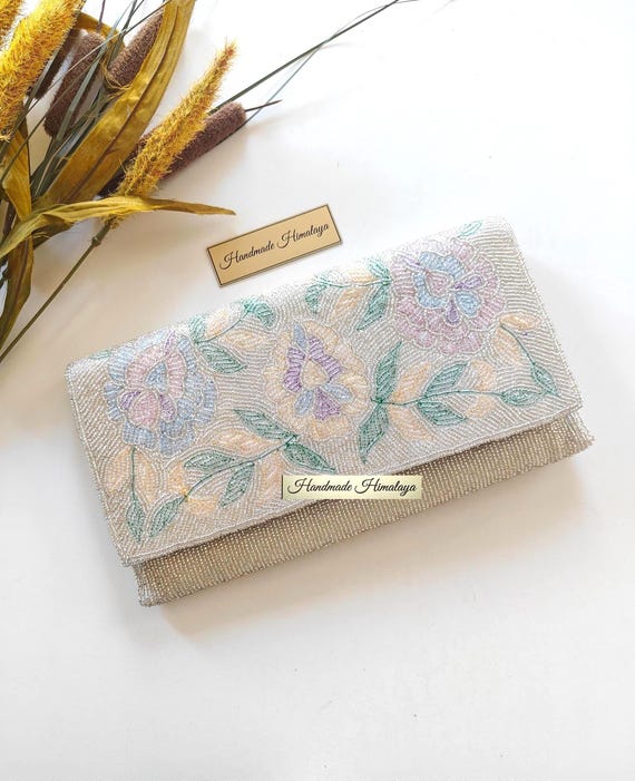 Silver Bridal Clutch | Pastel Floral Beaded Wedding Purse