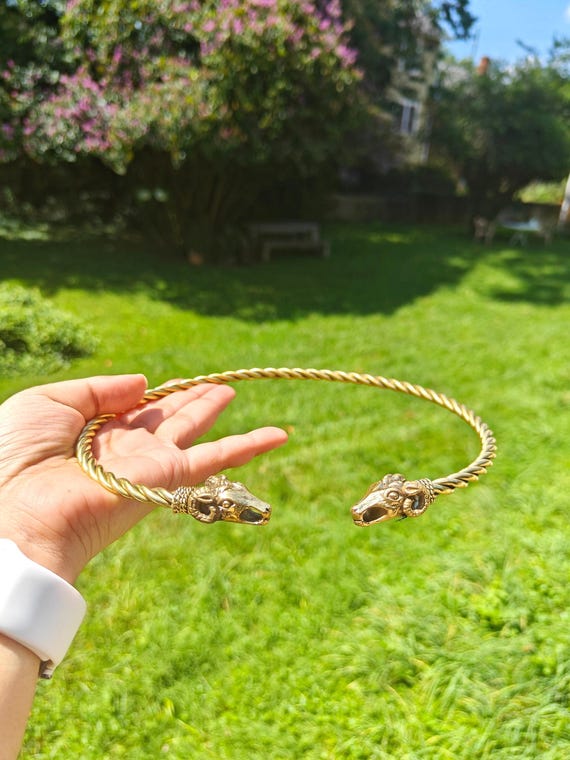 Celtic Ram Head Torc | Brass Twisted Wire Choker | Viking Cosplay Hasli Jewelry