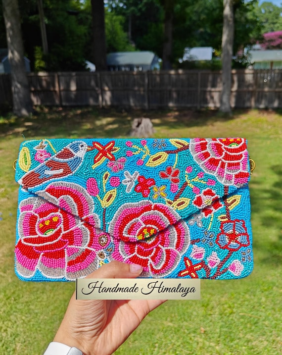 Peony Floral Clutch, Blue Pink Beaded Purse, Summer Spring Handbag, Crossbody Shoulder Bag, Party Evening Clutch, Gift For Her, Beaded Purse