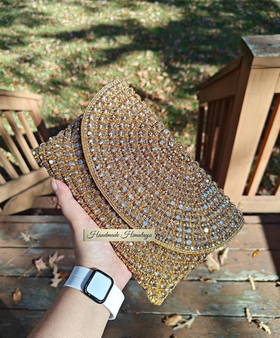 Antique Gold Bronze Rhinestone Clutch, Crystal Beaded Evening Purse, Sparkly Envelope Handbag, Metallic Party Clutch