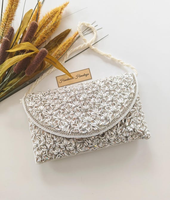 White Crystal Bridal Clutch | Beaded Wedding Purse with Detachable Chain | Formal Evening Bag for Bride or Bridesmaid