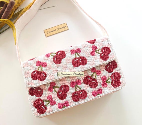 Handmade Cherry Beaded Bag | Blush Pink Gingham Checkered Purse | Summer Wedding Vacation Fruit Clutch