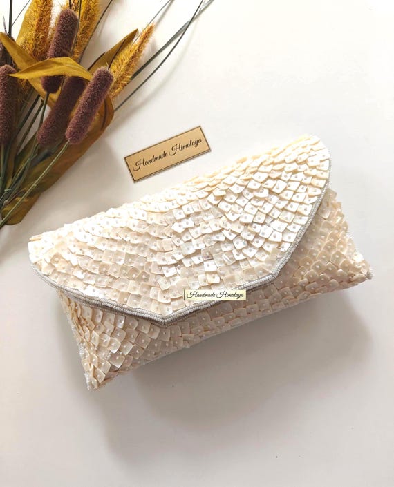 Mother of Pearl Bridal Clutch Ivory Shell Wedding Purse Luxury Beaded Evening Bag