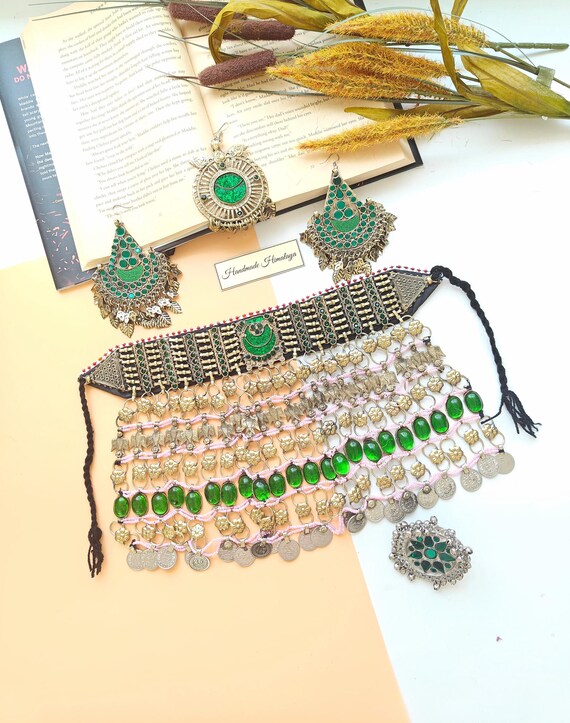 Green Afghan Jewelry Set, Nikah Wedding Necklace, Tribal Ethnic Pakistani Jewellery, Unique Gift for Her, Boho Chic Accessory