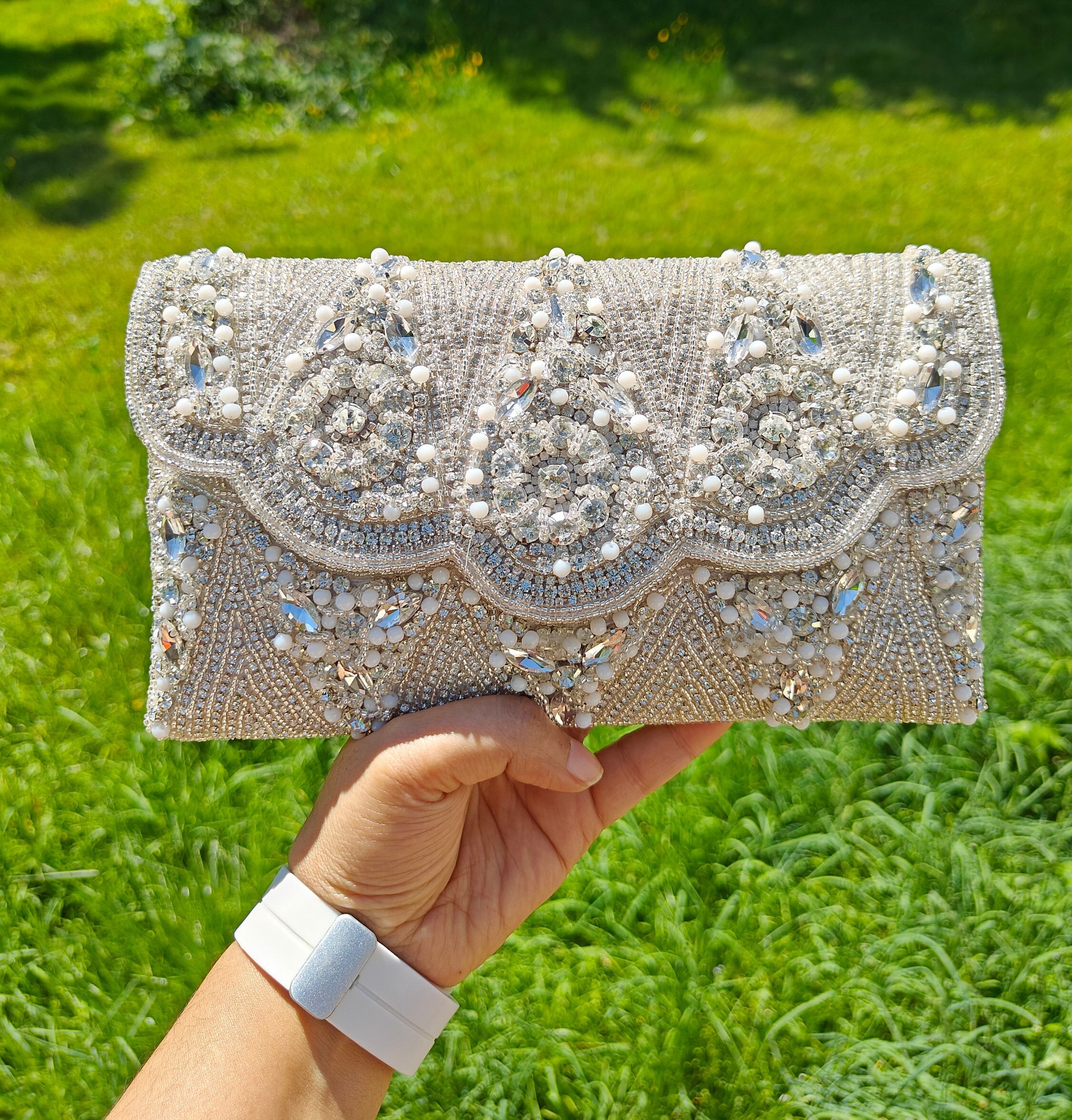 Silver beaded clutch sale